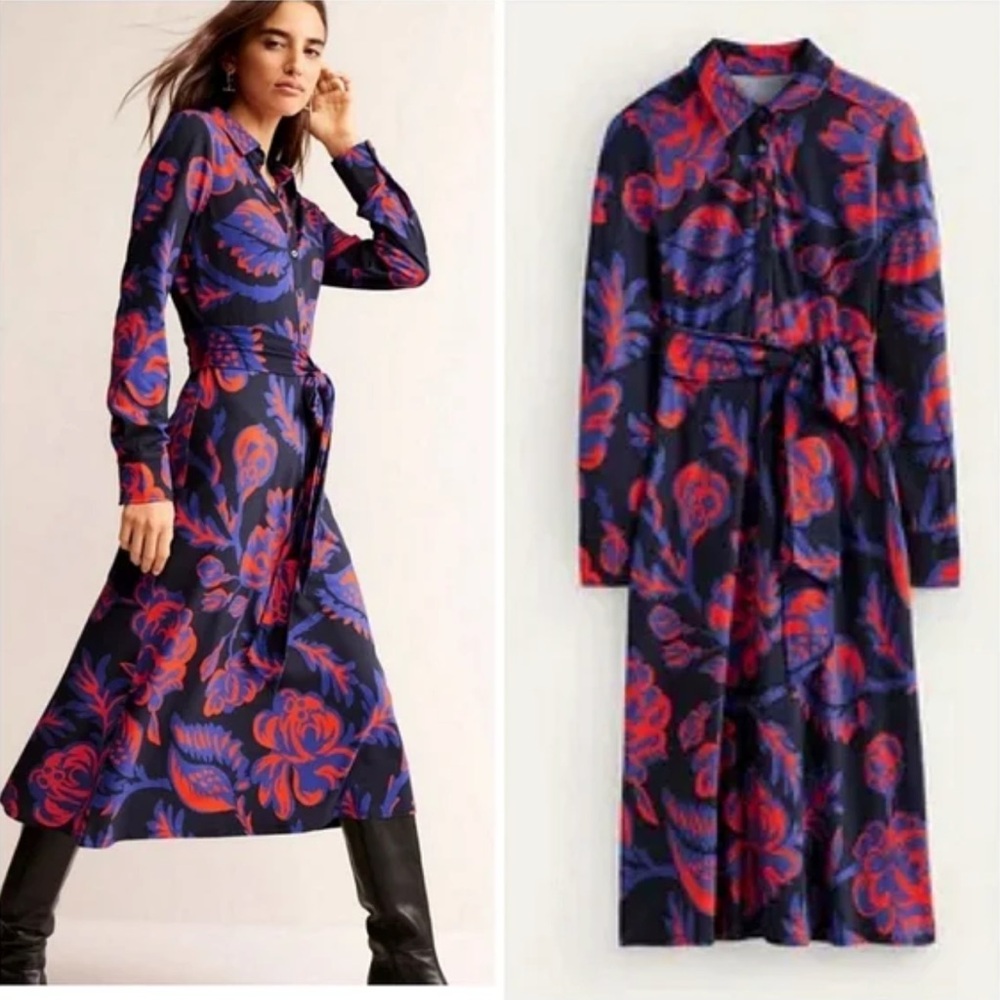 Boden‎ Laura Midi Print Belted Shirt Dress Long Sleeves Colorful Size US 14 NWOT